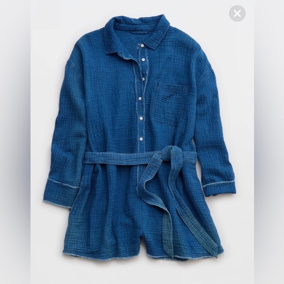 Aerie Gauzy Belted Romper Long Sleeve Oversized With Pockets XS - Picture 3 of 13